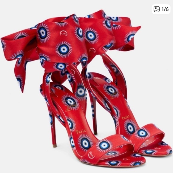 Christian Louboutin Shoes - Christian Louboutin Red Satin Eye-Print Bow Stiletto Sandals